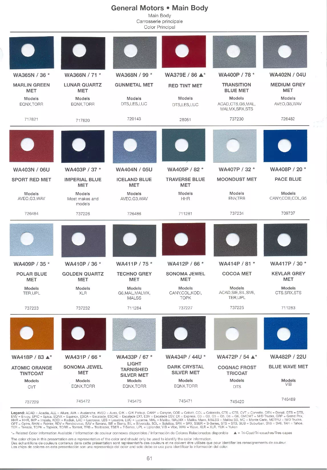 Oem Colors, Paint Codes, Mixing Stock Numbers, and Color Names for 2007 General Motors, Buick, Cadillac, GMC, and Chevrolet Vehicles