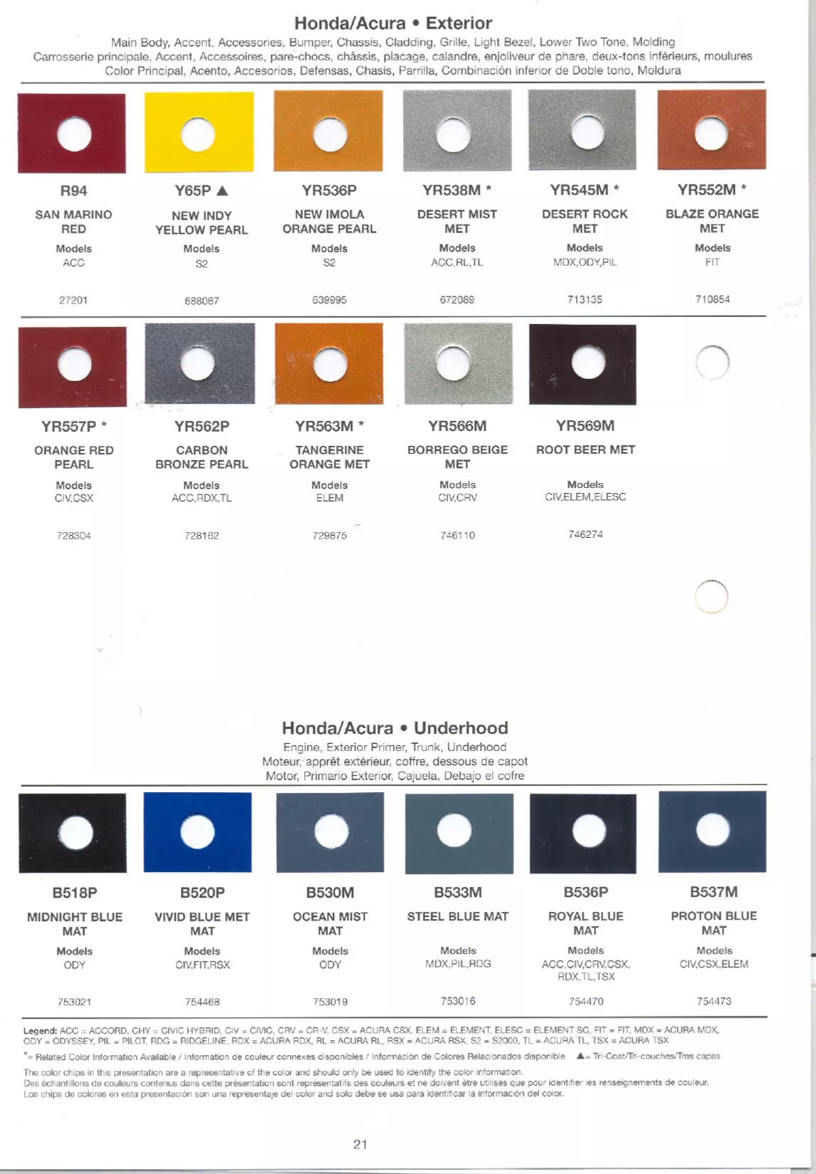 Oem Colors, Paint Codes, Mixing Stock Numbers, and Color Names for 2007 Honda and Acura Vehicles